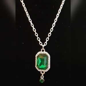 Handmade Cut Glass and Rhinestone Necklace Emerald Green 23" Chain